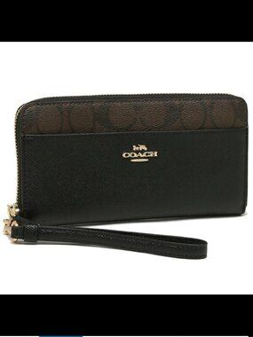 Coach Accordion Zip Closure Black Leather With Signature Canvas Wallet Wristlet